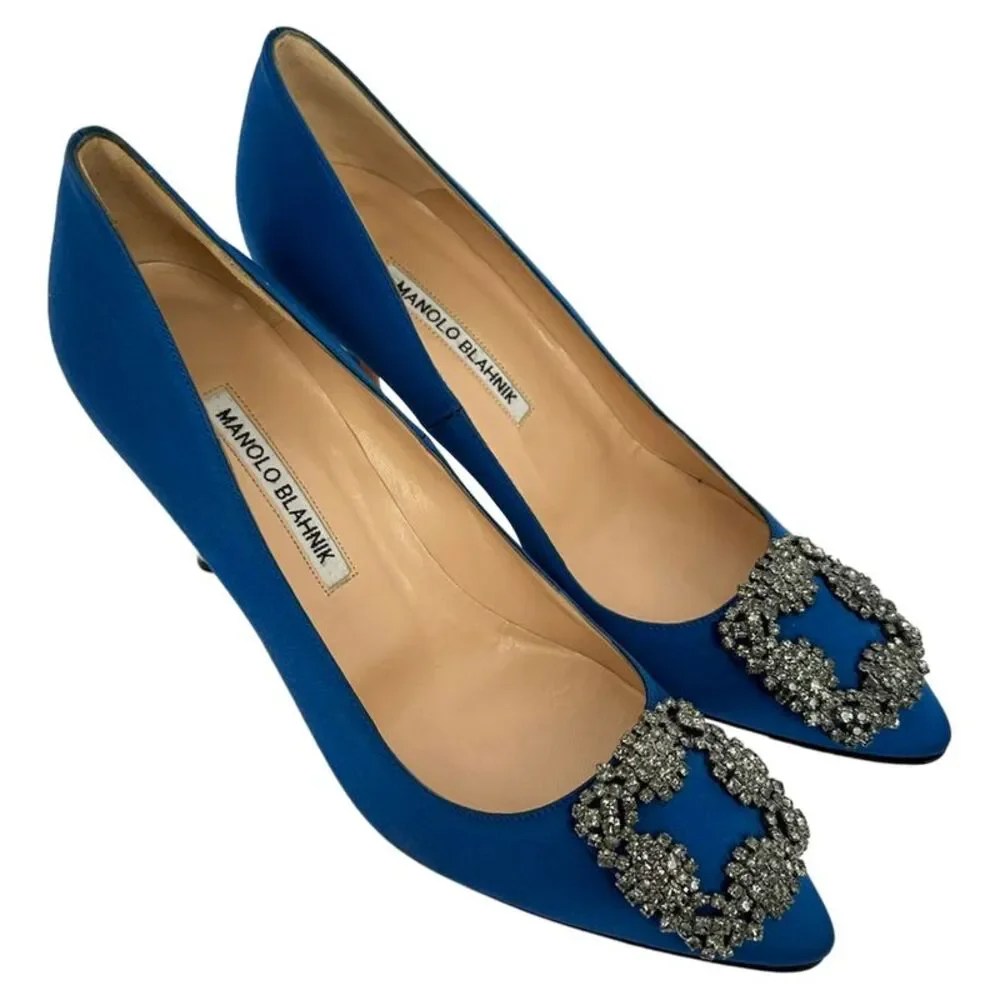 Manolo Blahnik Hangisi Embellished Pumps in Blue Satin